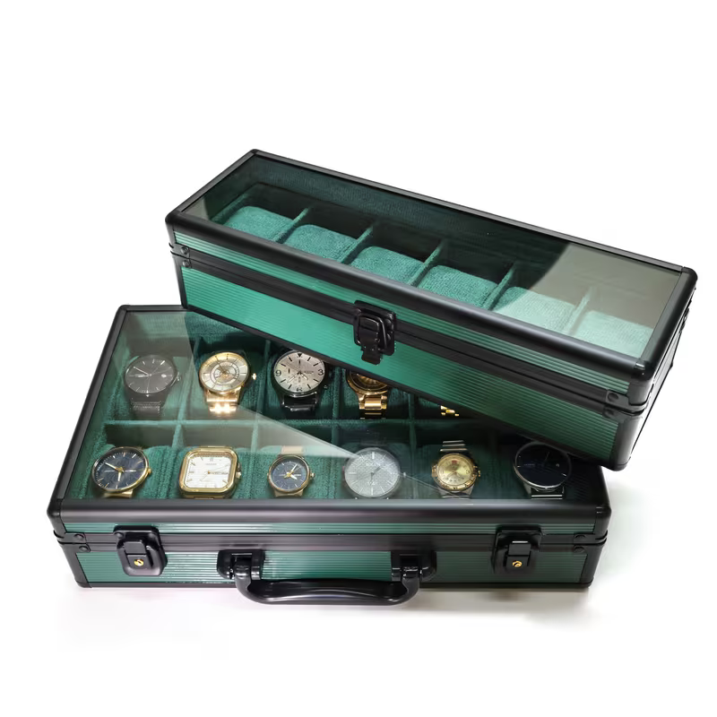 Two vaults stacked, one holding twelve watches